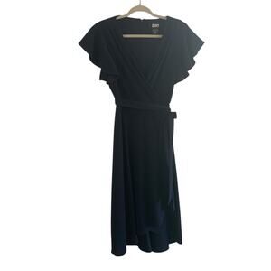 “DKNY Navy Blue Faux Wrap Flutter Sleeve Midi Dress Size 8”